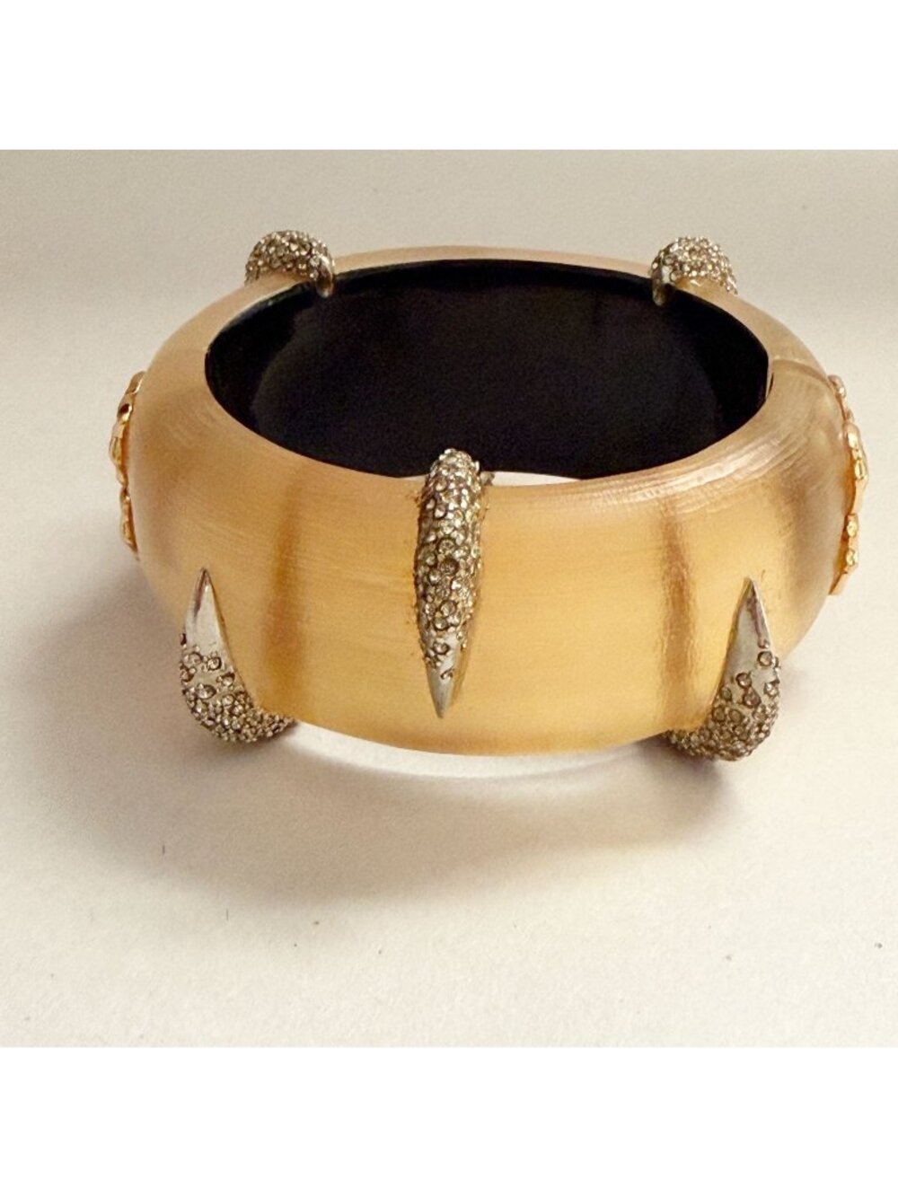 Alexis Bittar Carved Amber Lucite CZ Pave Thorns Hinged Bangle Bracelet 7"